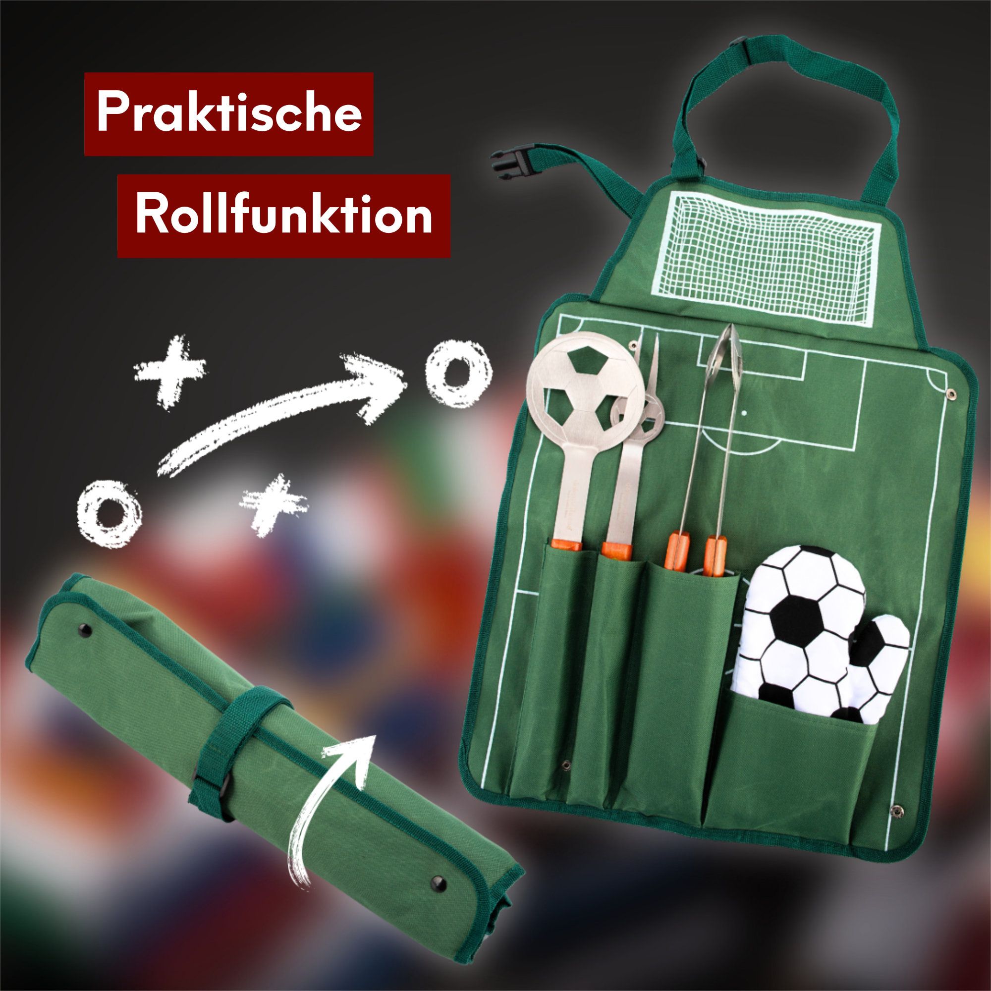 Grillset: Grillgabel, Grillzange, Grillwender und Grillhandschuh