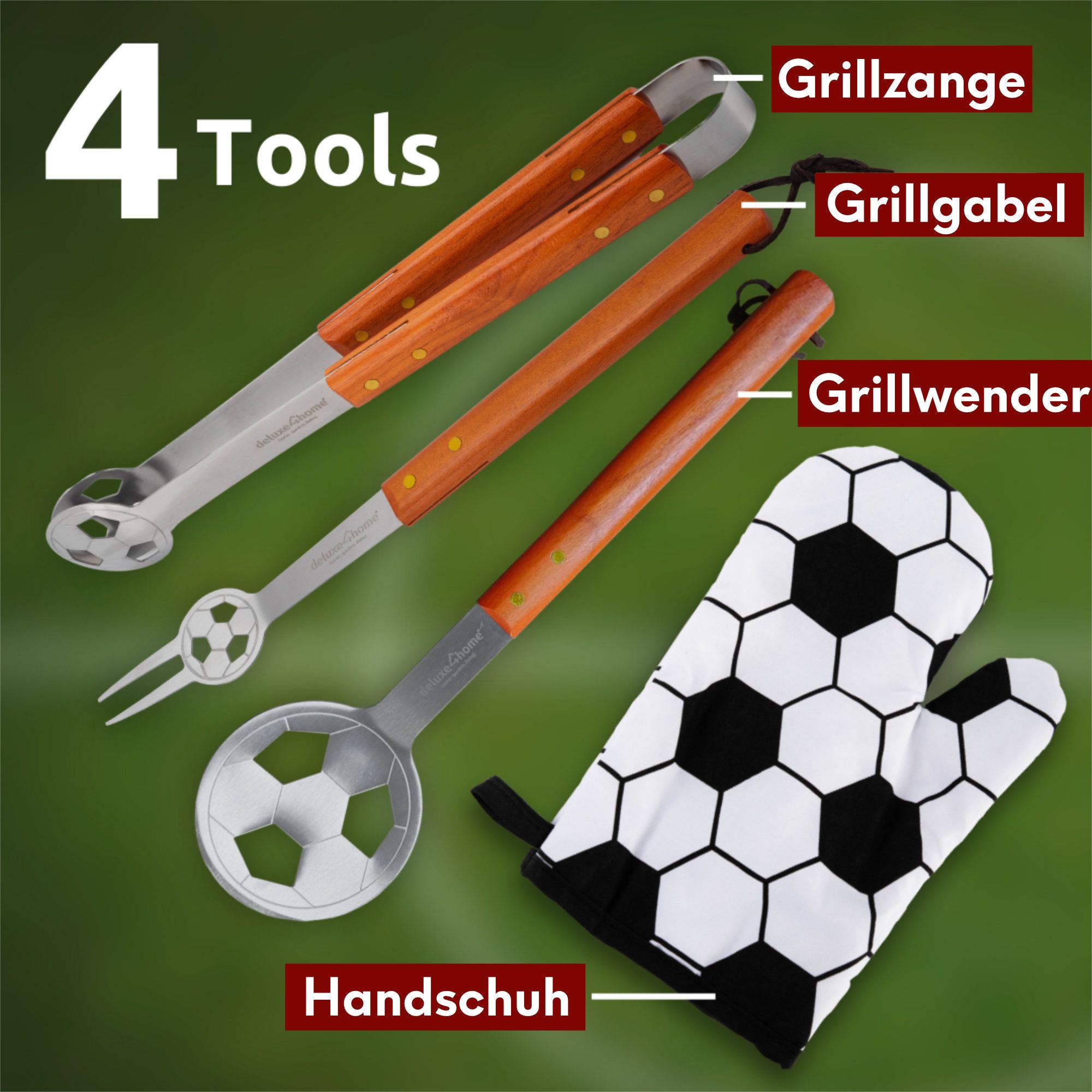 Grillset: Grillgabel, Grillzange, Grillwender und Grillhandschuh