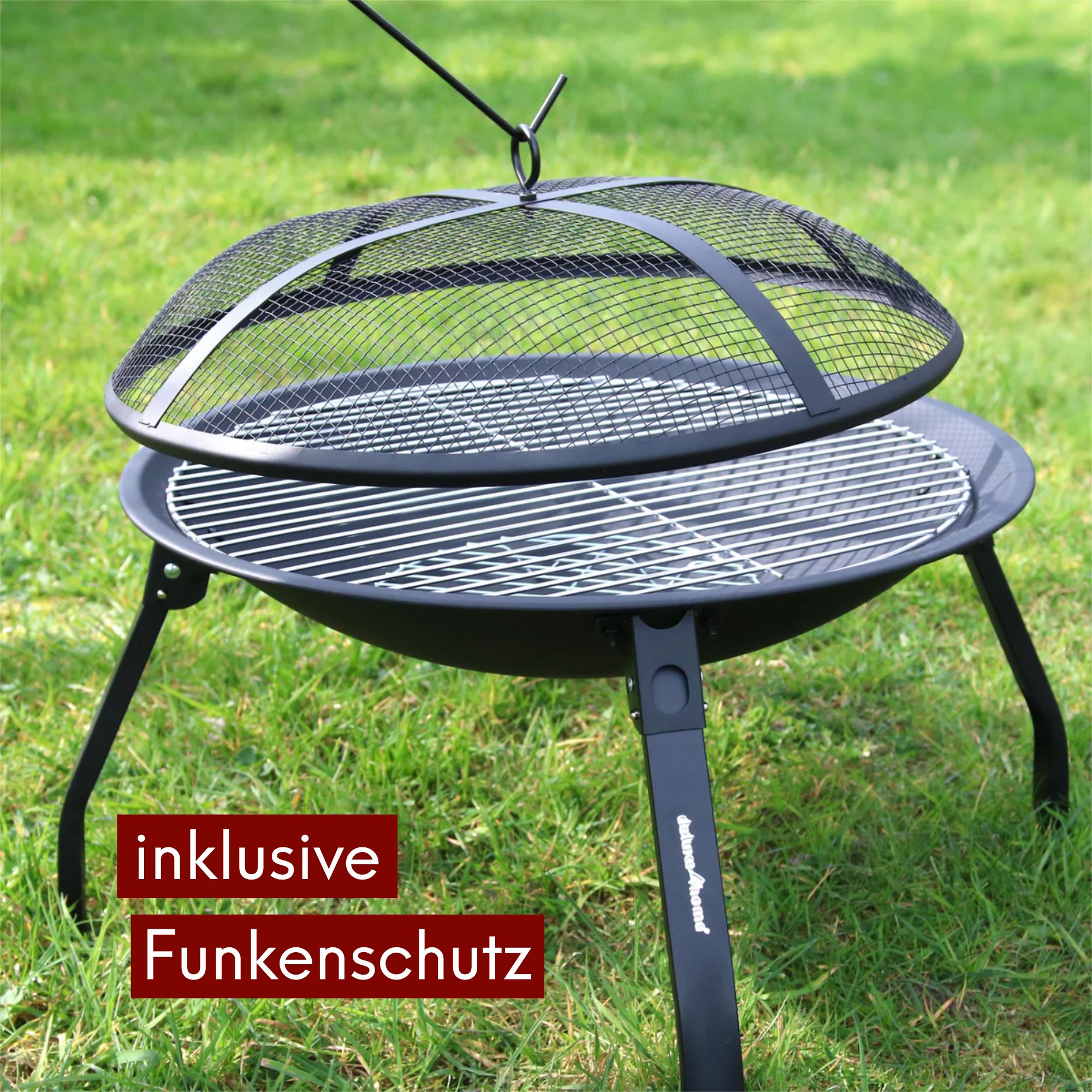 kalb | XL Feuerschale, hitzebeständig, 2-in-1 Outdoor-Feuerstelle, inkl. Funkenschutzdeckel, Grillrost, Kohlerost, Schürhaken, robustes Metall