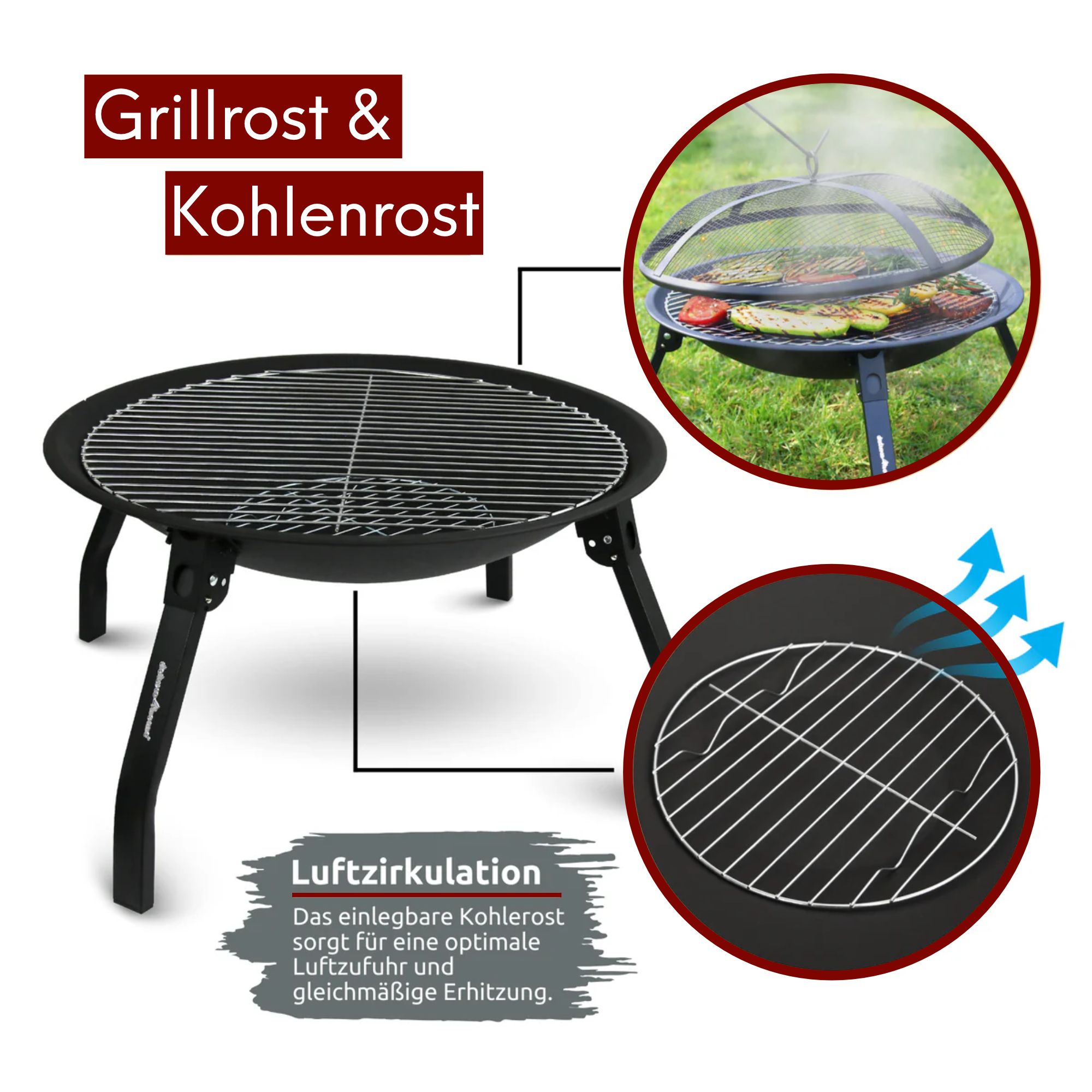 kalb | XL Feuerschale, hitzebeständig, 2-in-1 Outdoor-Feuerstelle, inkl. Funkenschutzdeckel, Grillrost, Kohlerost, Schürhaken, robustes Metall