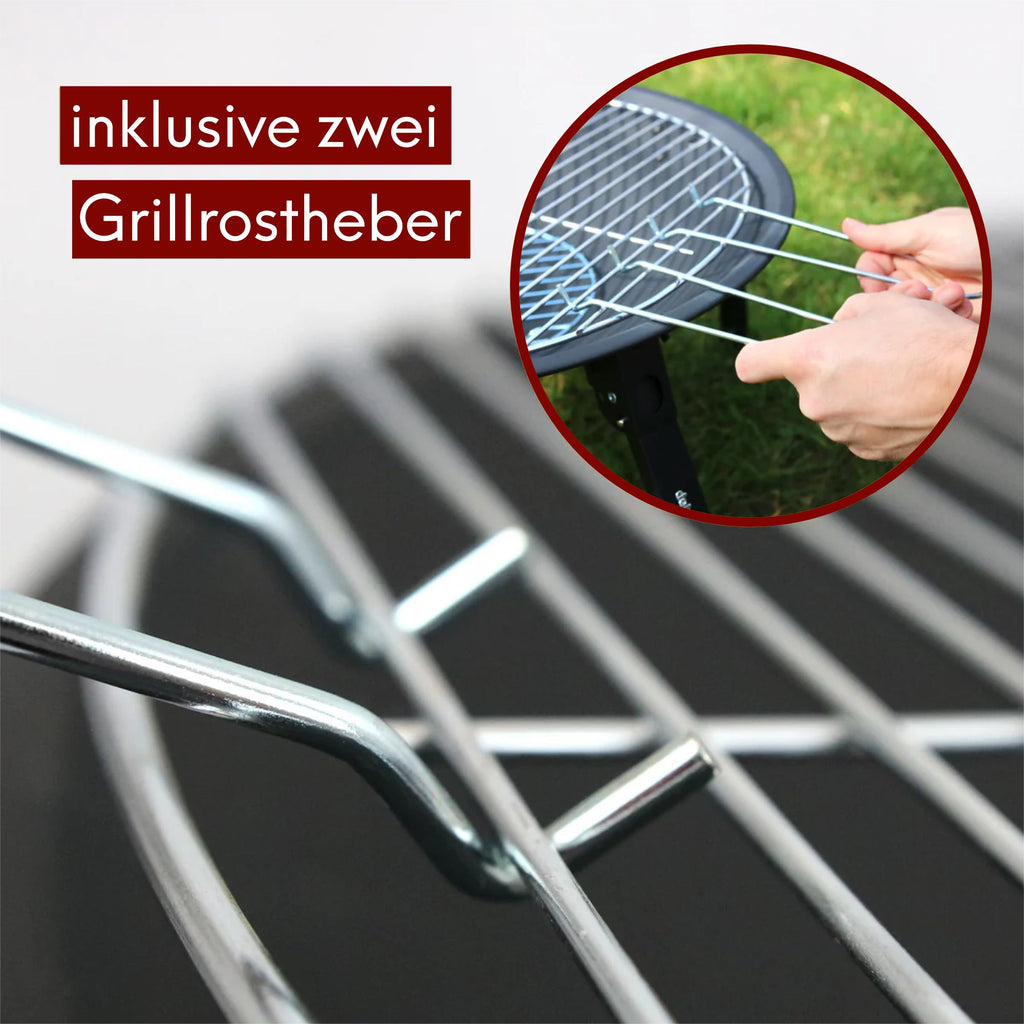 kalb | XL Feuerschale, hitzebeständig, 2-in-1 Outdoor-Feuerstelle, inkl. Funkenschutzdeckel, Grillrost, Kohlerost, Schürhaken, robustes Metall