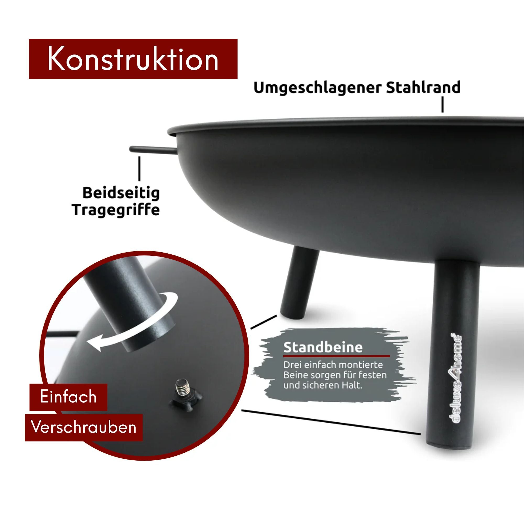 kalb | Feuerschale, 0,7 mm starkes Eisen, Ø 58 cm, H 23 cm, 3 Standfüße, 2 Handgriffe, robust und mobil, für Garten, Terrasse, Camping, Schwarz