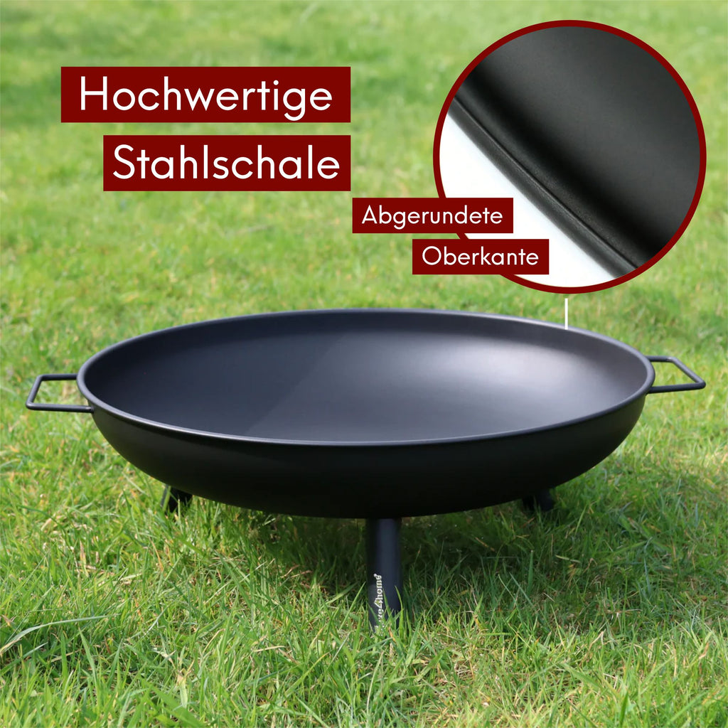kalb | Feuerschale, 0,7 mm starkes Eisen, Ø 58 cm, H 23 cm, 3 Standfüße, 2 Handgriffe, robust und mobil, für Garten, Terrasse, Camping, Schwarz