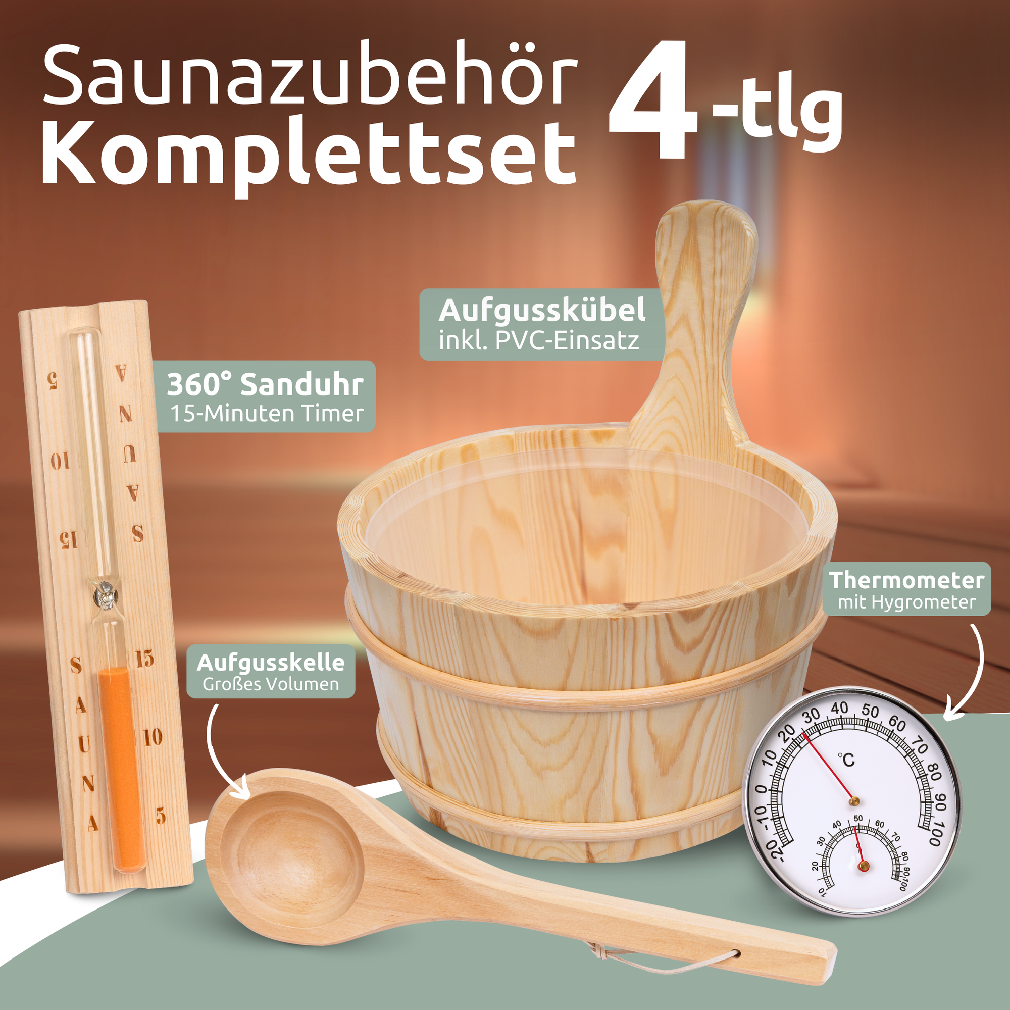 Saunazubehör mit Saunaeimer, Saunakelle, Sanduhr & Thermometer