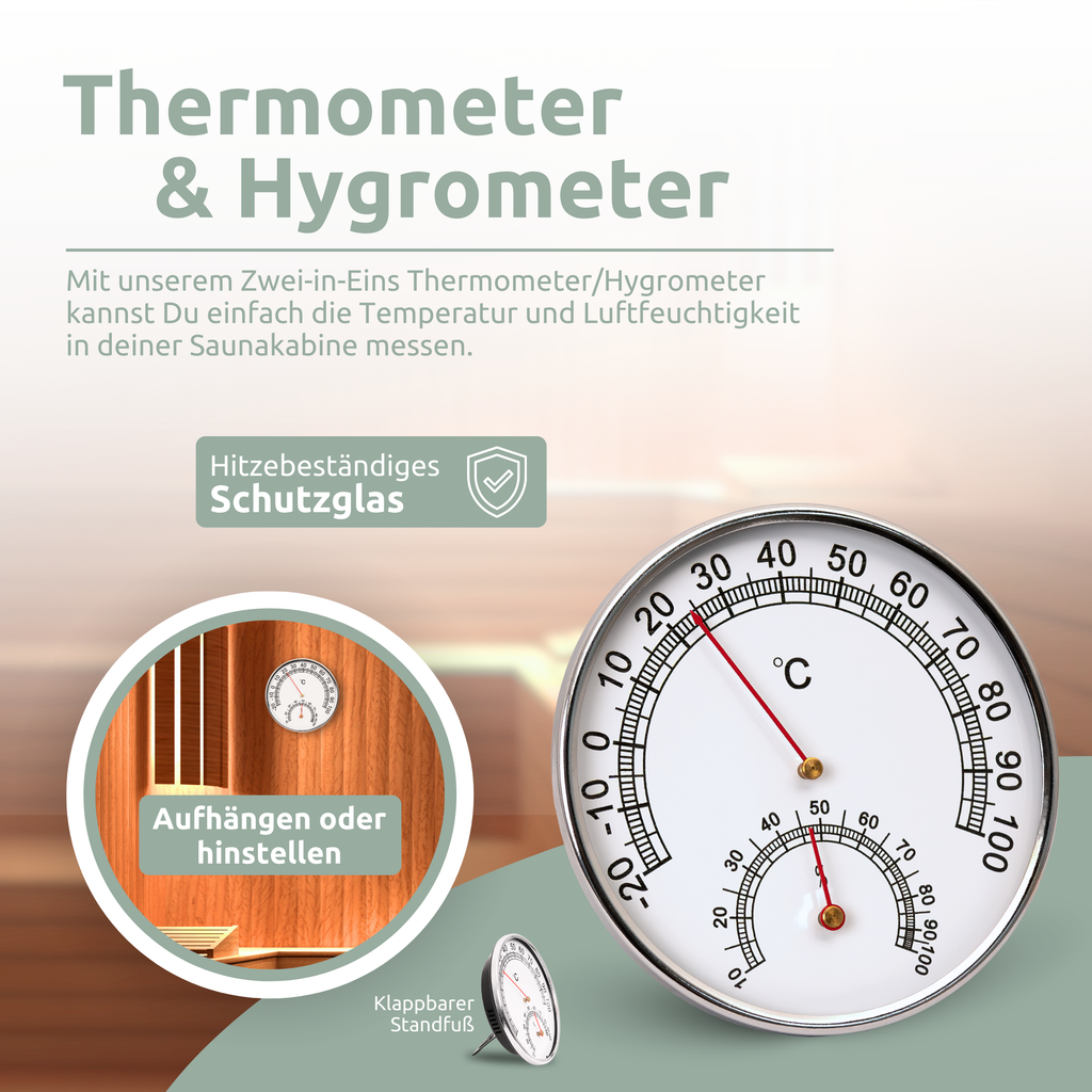 Saunazubehör mit Saunaeimer, Saunakelle, Sanduhr & Thermometer