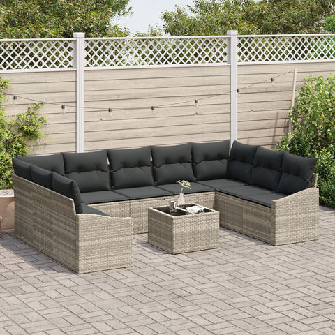 10-teiliges Garten Essgruppe mit Kissen Grau Poly Rattan