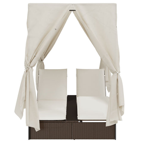Doppelliege mit Dach und Vorhängen Braun Poly Rattan