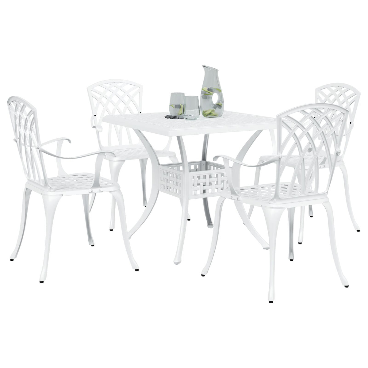 5-teiliges Garten-Esszimmer-Set aus weißem Gusseisen