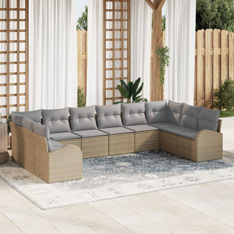10-teiliges Garten Sofa Set mit Kissen Beige Poly Rattan