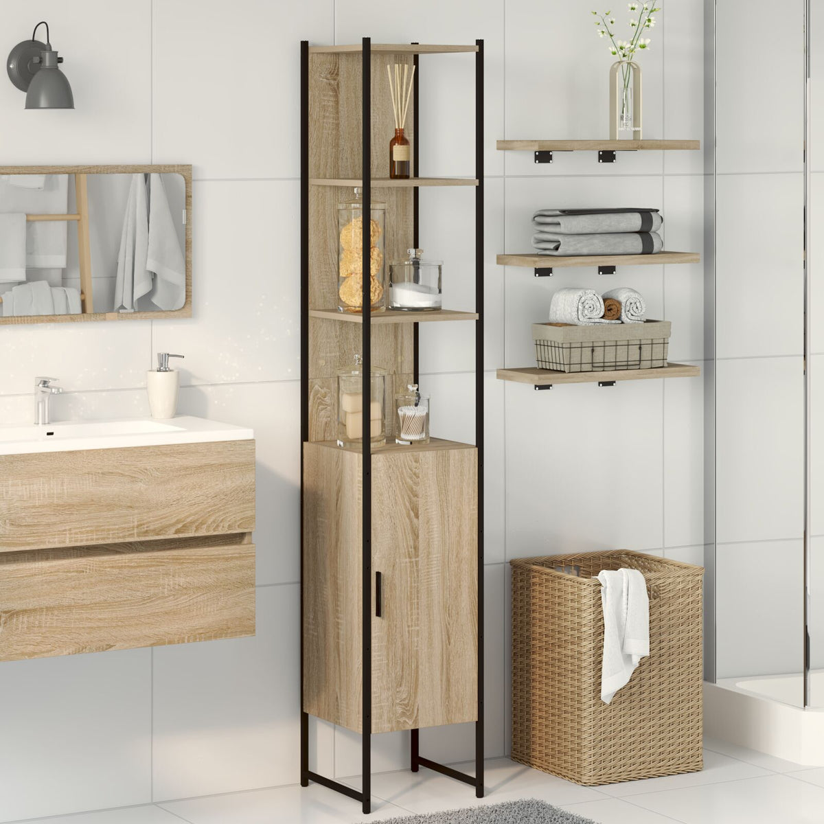 Badezimmer Schrank Sonoma Eiche 33x33x185,5 cm Ingenieurholz