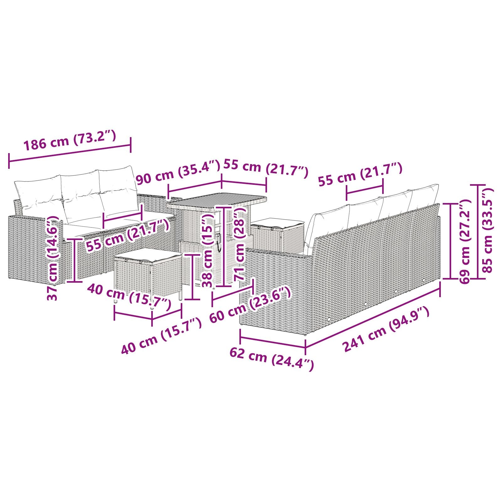 10-teilige Garten Sofa Set mit Kissen Beige Poly Rattan Akazie, 3-teilige Garten Essgruppe mit Kissen Beige Poly Rattan Akazie