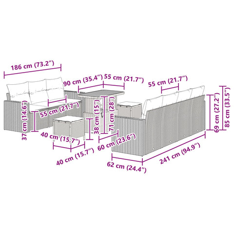 10-teilige Garten Sofa Set mit Kissen Beige Poly Rattan Akazie, 3-teilige Garten Essgruppe mit Kissen Beige Poly Rattan Akazie