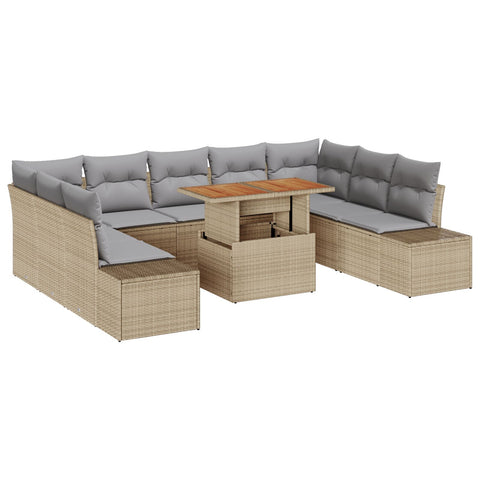 10-teiliges Garten Sofa Set mit Kissen Beige Poly Rattan