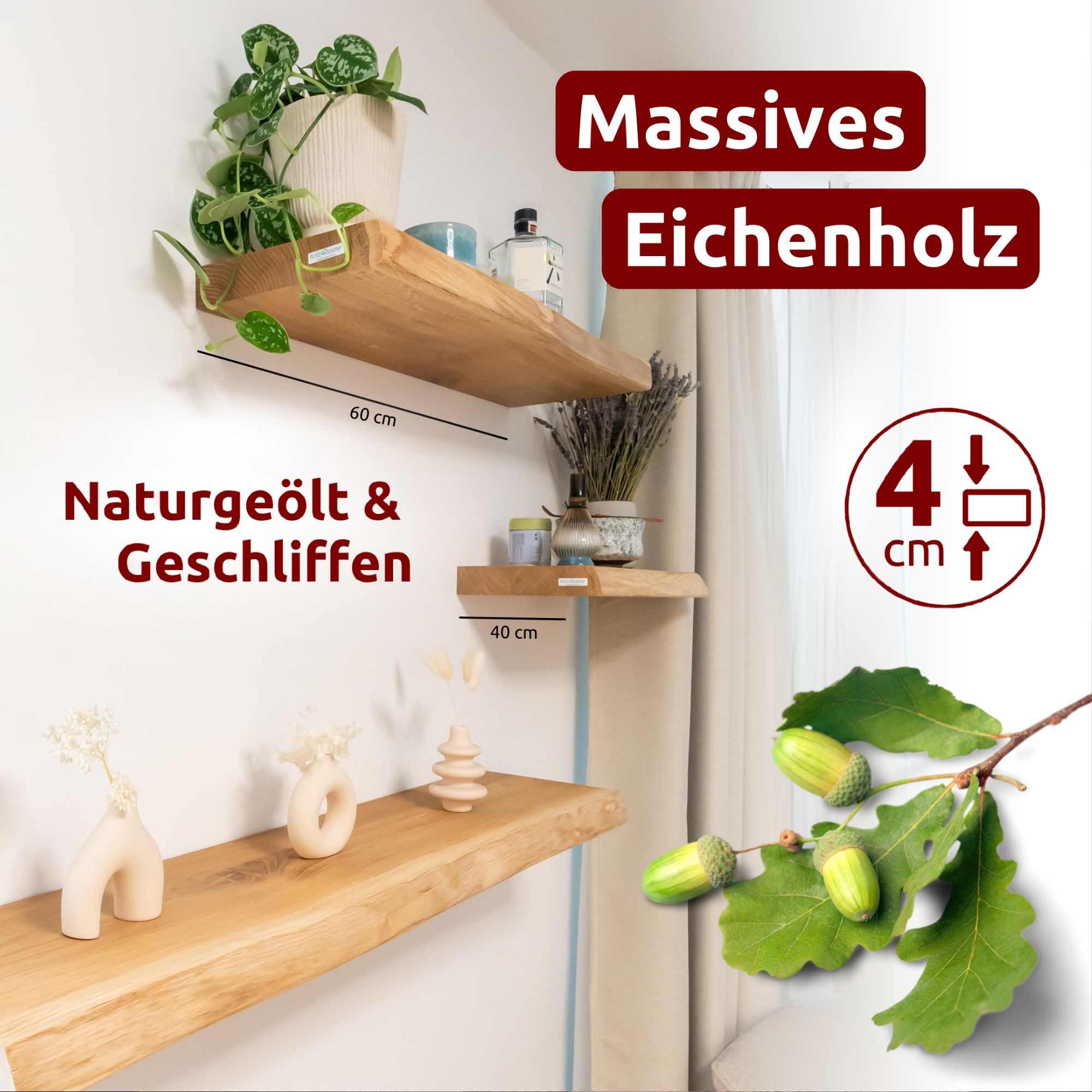 Schwebendes Wandregal aus massiver Eiche – Natur geöltes Massivholz Regal für stilvolle Wanddekoration