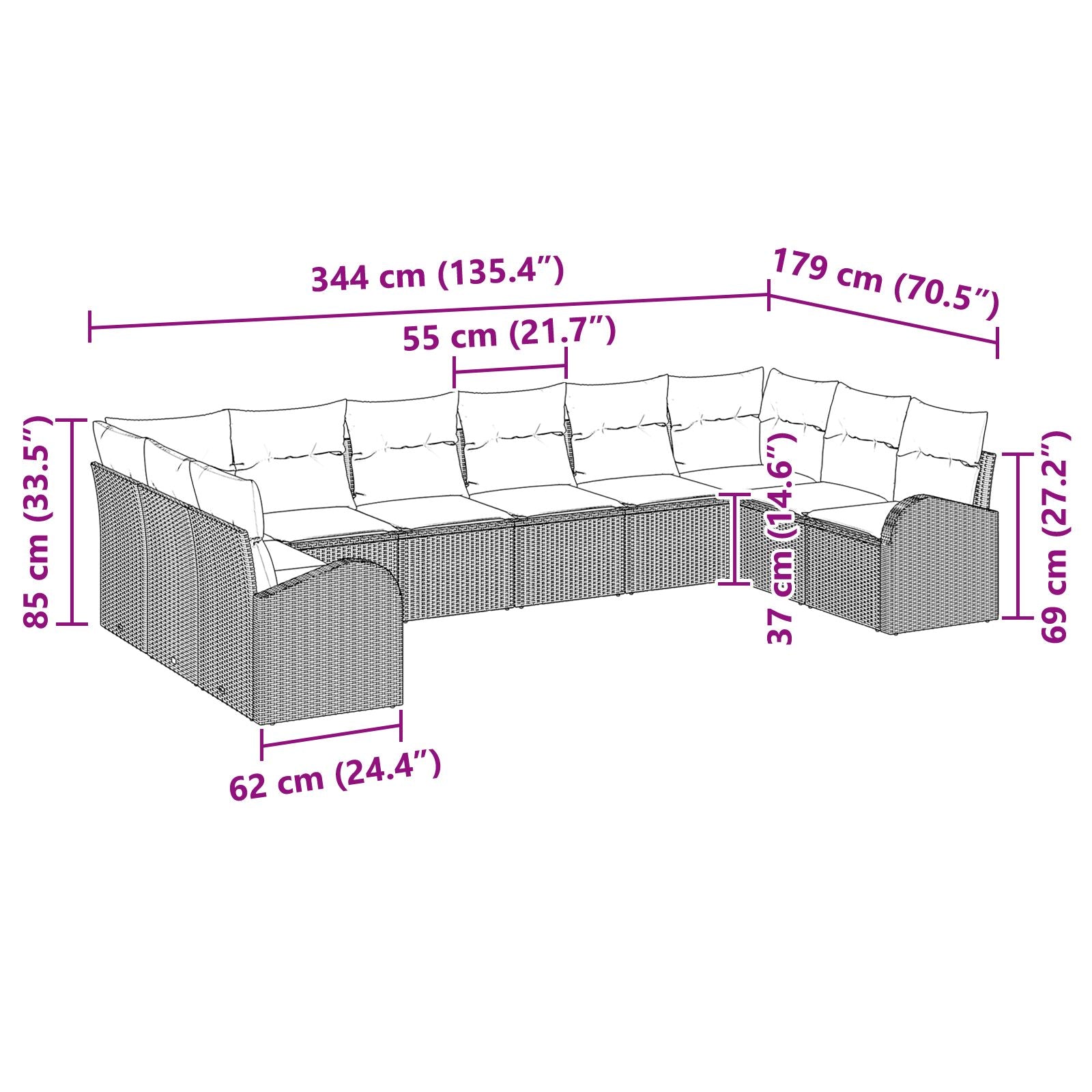 10-teiliges Garten Sofa Set mit Kissen Beige Poly Rattan