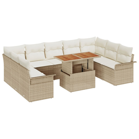 10-teilige Garten Essgruppe mit Kissen Beige Poly Rattan Akazie