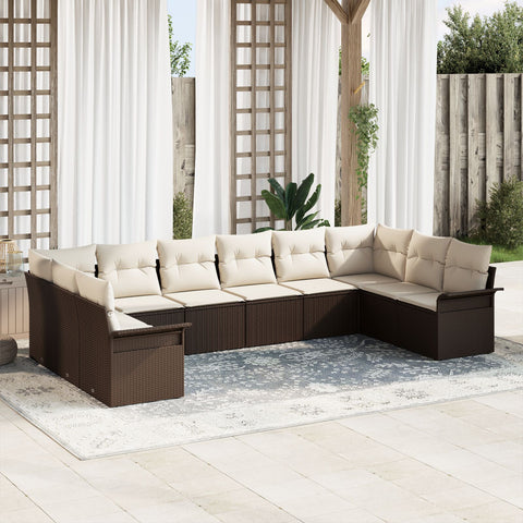 10 teiliges Garten Sofa Set mit Kissen Braunes Poly Rattan