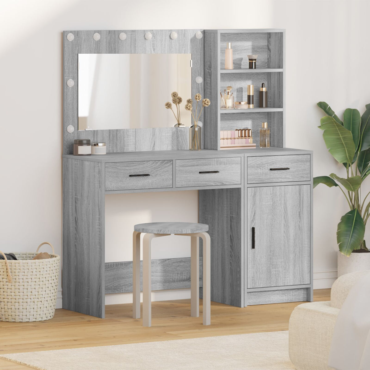 2-tlg. Schminktisch-Set mit LED-Leuchten Grau Sonoma