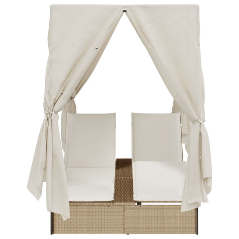 Doppellounger mit Dach und Vorhängen in Beige aus Poly Rattan