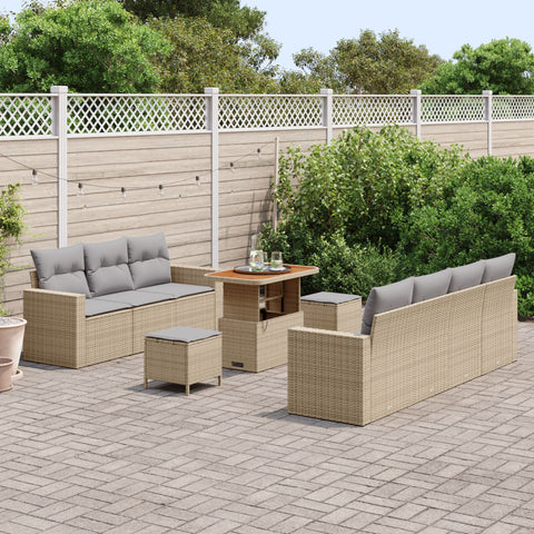 10-teilige Garten Sofa Set mit Kissen Beige Poly Rattan Akazie, 3-teilige Garten Essgruppe mit Kissen Beige Poly Rattan Akazie