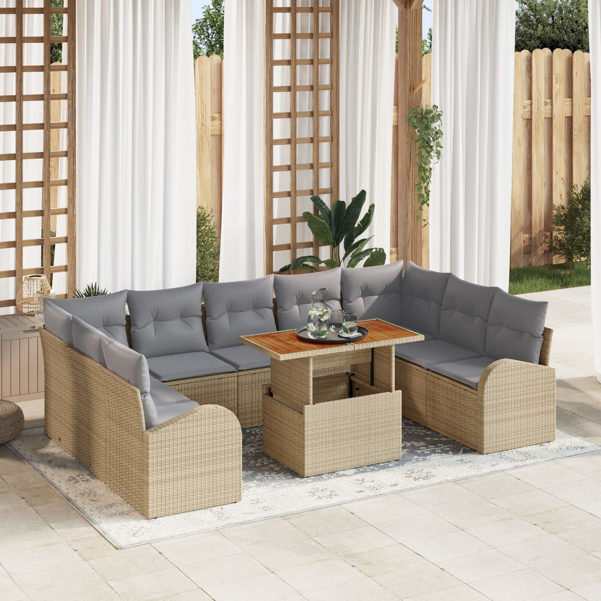 10-teiliges Garten Essgruppe mit Kissen Beige Poly Rattan Akazie