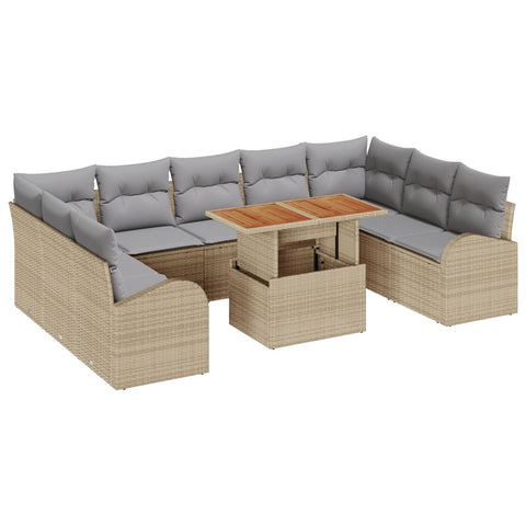 10-teiliges Garten Essgruppe mit Kissen Beige Poly Rattan Akazie