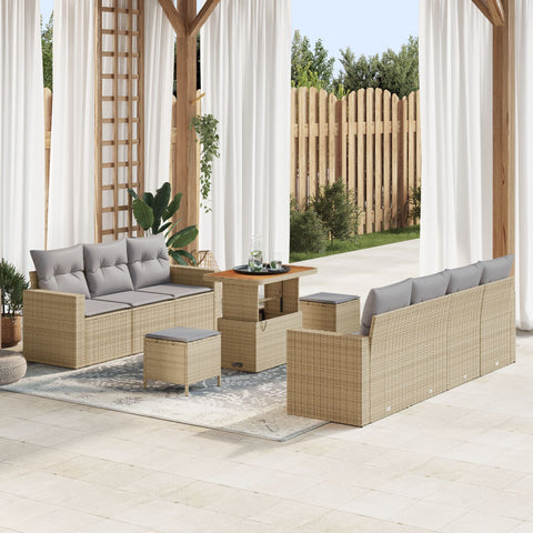 10-teilige Garten Sofa Set mit Kissen Beige Poly Rattan Akazie, 3-teilige Garten Essgruppe mit Kissen Beige Poly Rattan Akazie