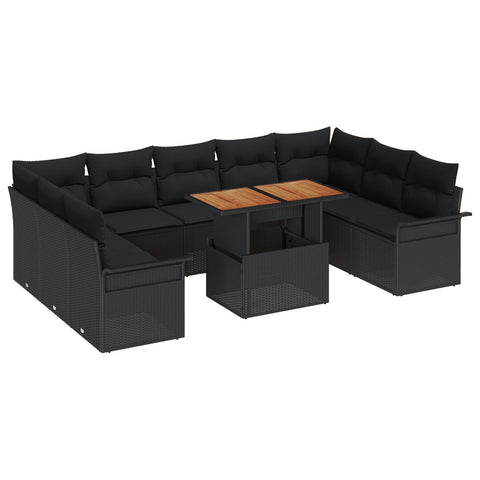 10-teilige Garten Essgruppe mit Kissen Schwarz Poly Rattan Akazie