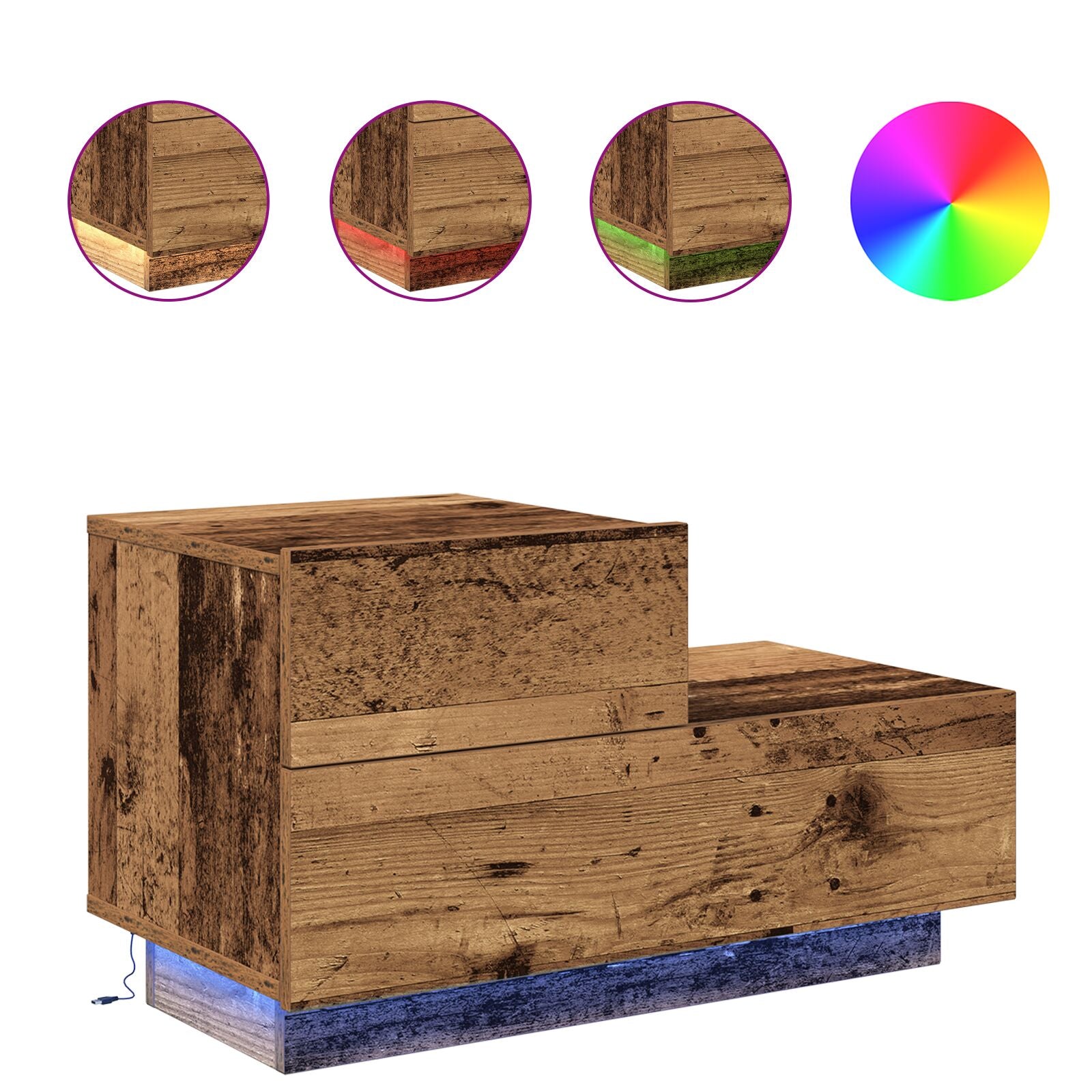 Nachttisch mit LED-Lichtern Altholz 70 x 36 x 40,5 cm