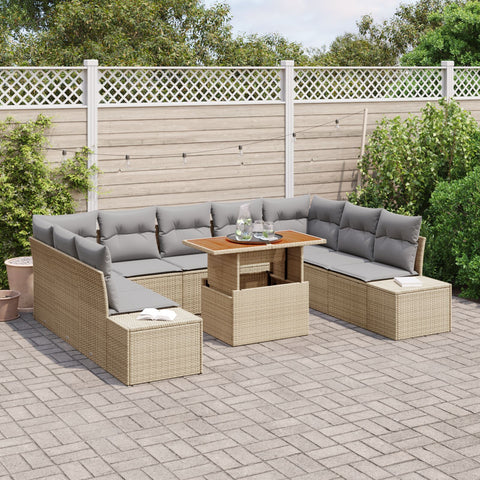 10-teiliges Garten Sofa Set mit Kissen Beige Poly Rattan