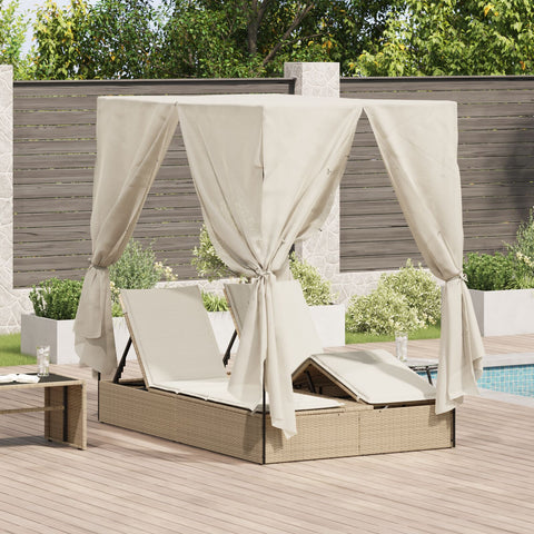 Doppellounger mit Dach und Vorhängen in Beige aus Poly Rattan