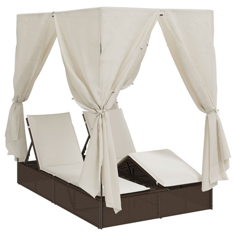 Doppelliege mit Dach und Vorhängen Braun Poly Rattan