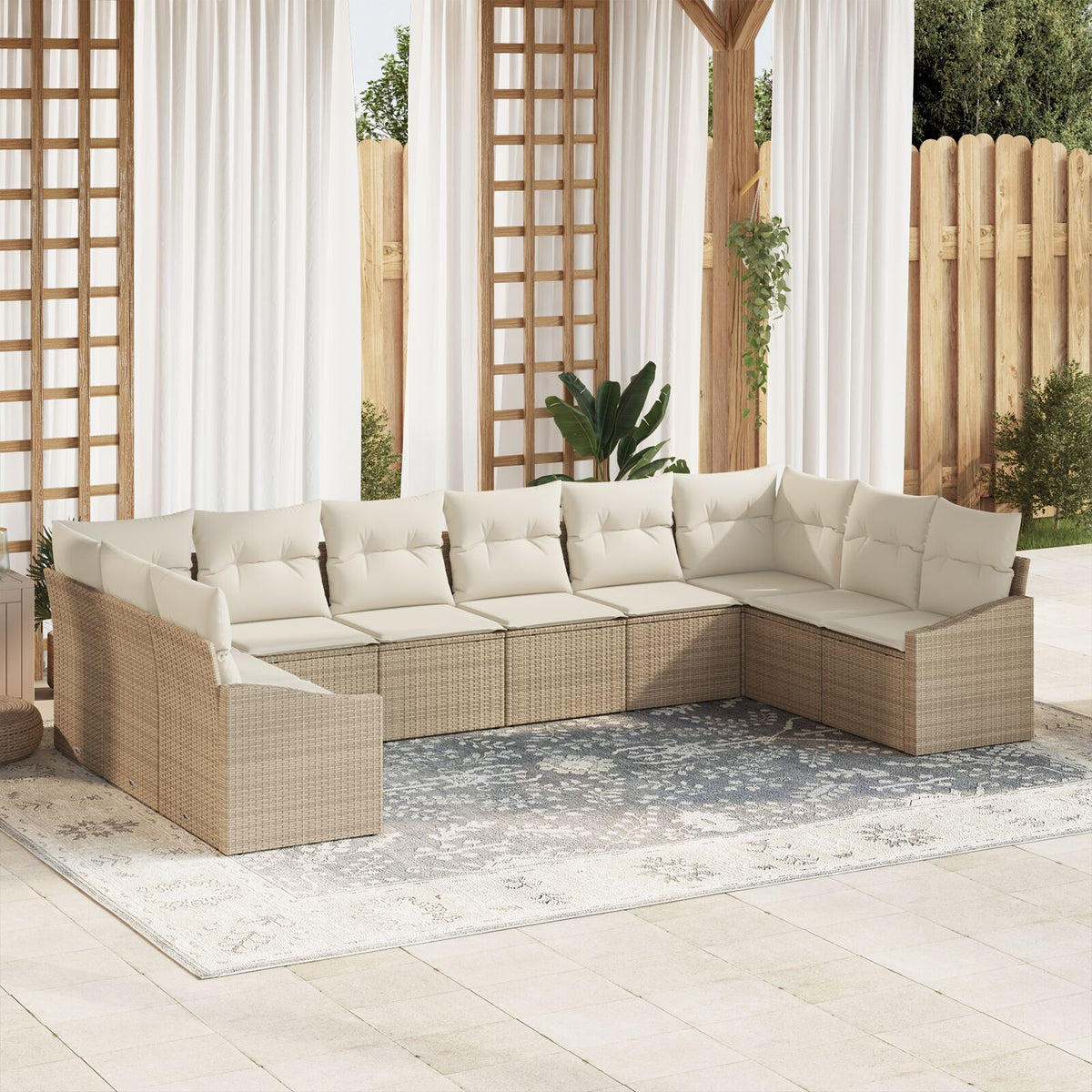 10-teiliges Garten Sofa Set mit Kissen Beige Poly Rattan