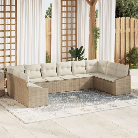 10-teiliges Garten Sofa Set mit Kissen Beige Poly Rattan