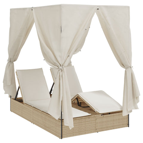 Doppellounger mit Dach und Vorhängen in Beige aus Poly Rattan