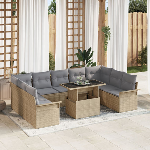 10-teiliges Garten Sofa Set mit Kissen Beige Poly Rattan