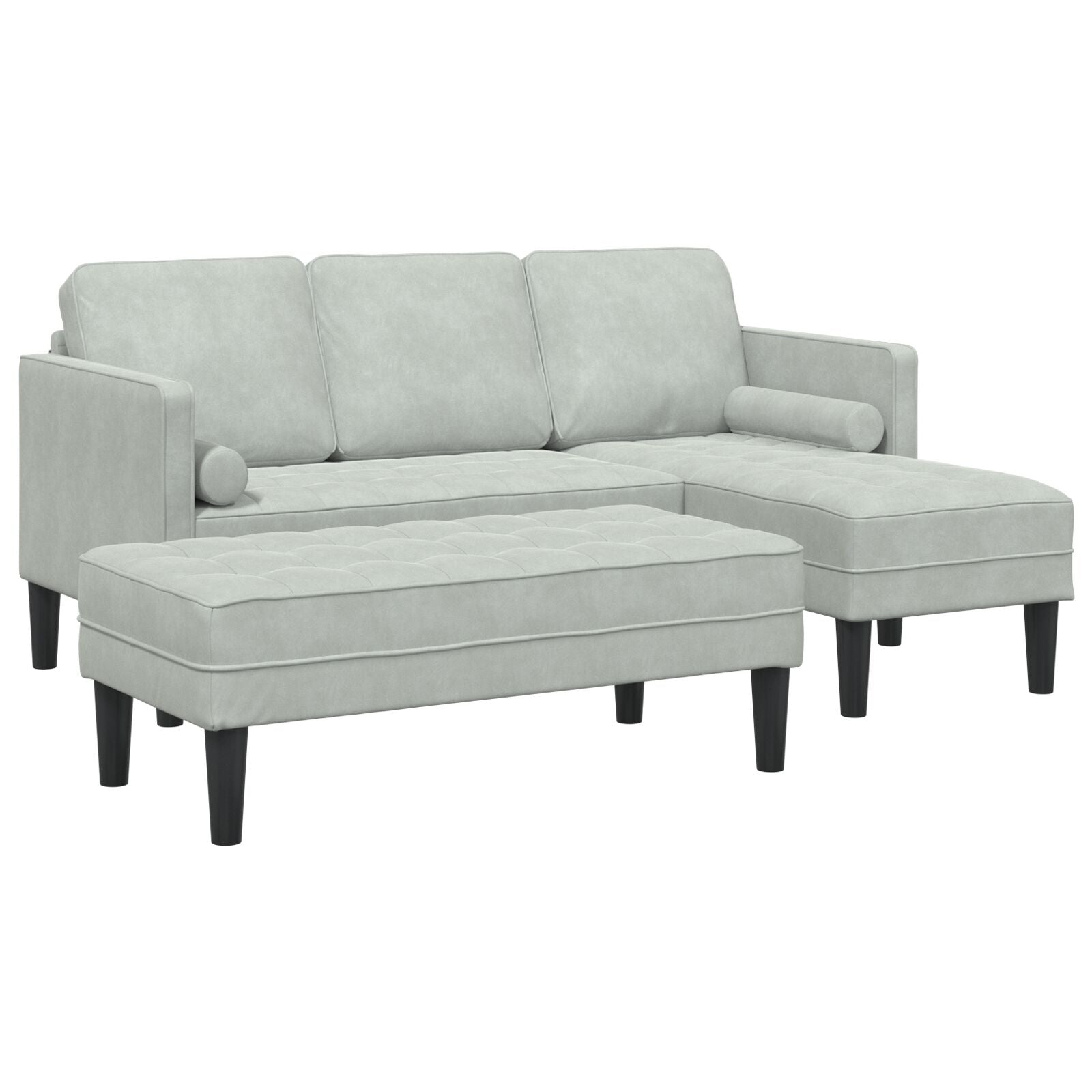 Garten Sofa mit Bank und Kissen L-förmiges hellgraues Velvet, 3-Sitzer Sofa mit Chaiselongue L-förmig hellgrau 160 cm Velvet, Bank hellgrau 113 cm Velvet
