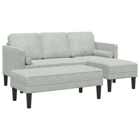 Garten Sofa mit Bank und Kissen L-förmiges hellgraues Velvet, 3-Sitzer Sofa mit Chaiselongue L-förmig hellgrau 160 cm Velvet, Bank hellgrau 113 cm Velvet