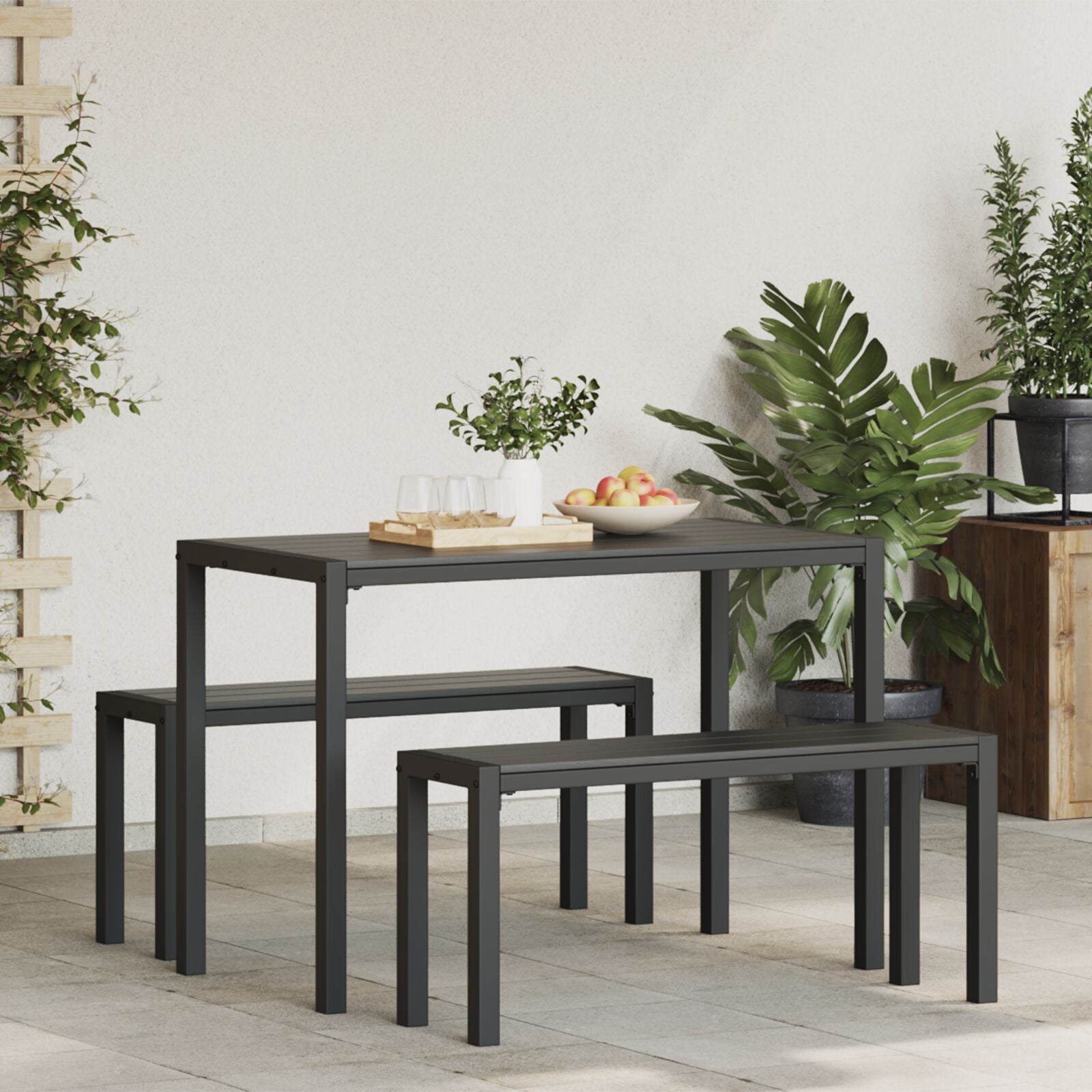 3-teiliges Garten-Esszimmer-Set aus Stahl und WPC in Schwarz