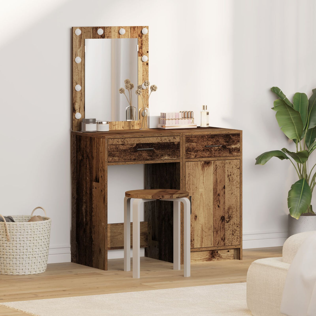 2-tlg. Schminktisch-Set mit LED-Leuchten Altholz-Optik