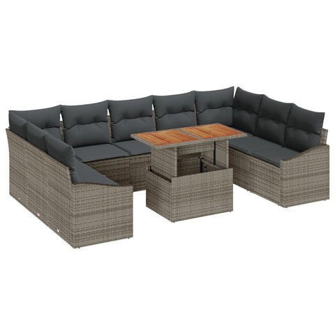 10-teiliges Garten Esstisch Set mit Kissen Grau Poly Rattan Akazie