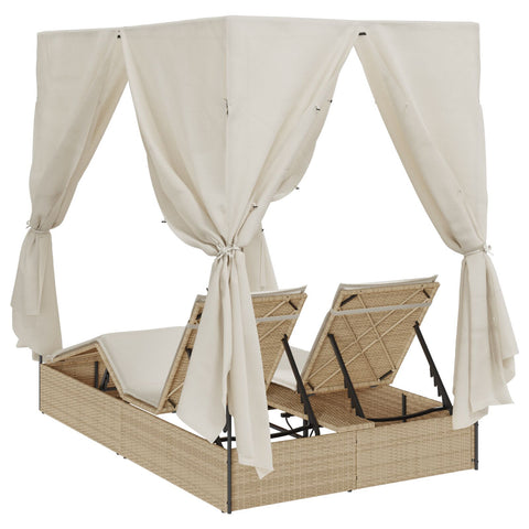 Doppellounger mit Dach und Vorhängen in Beige aus Poly Rattan