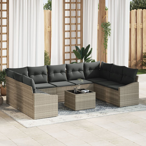 10-teiliges Garten Essgruppe mit Kissen Grau Poly Rattan