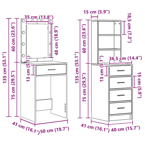 2-tlg. Schminktisch-Set mit LED-Leuchten Altholz Holzwerkstoff