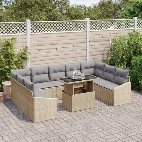 10-teiliges Garten Sofa Set mit Kissen Beige Poly Rattan