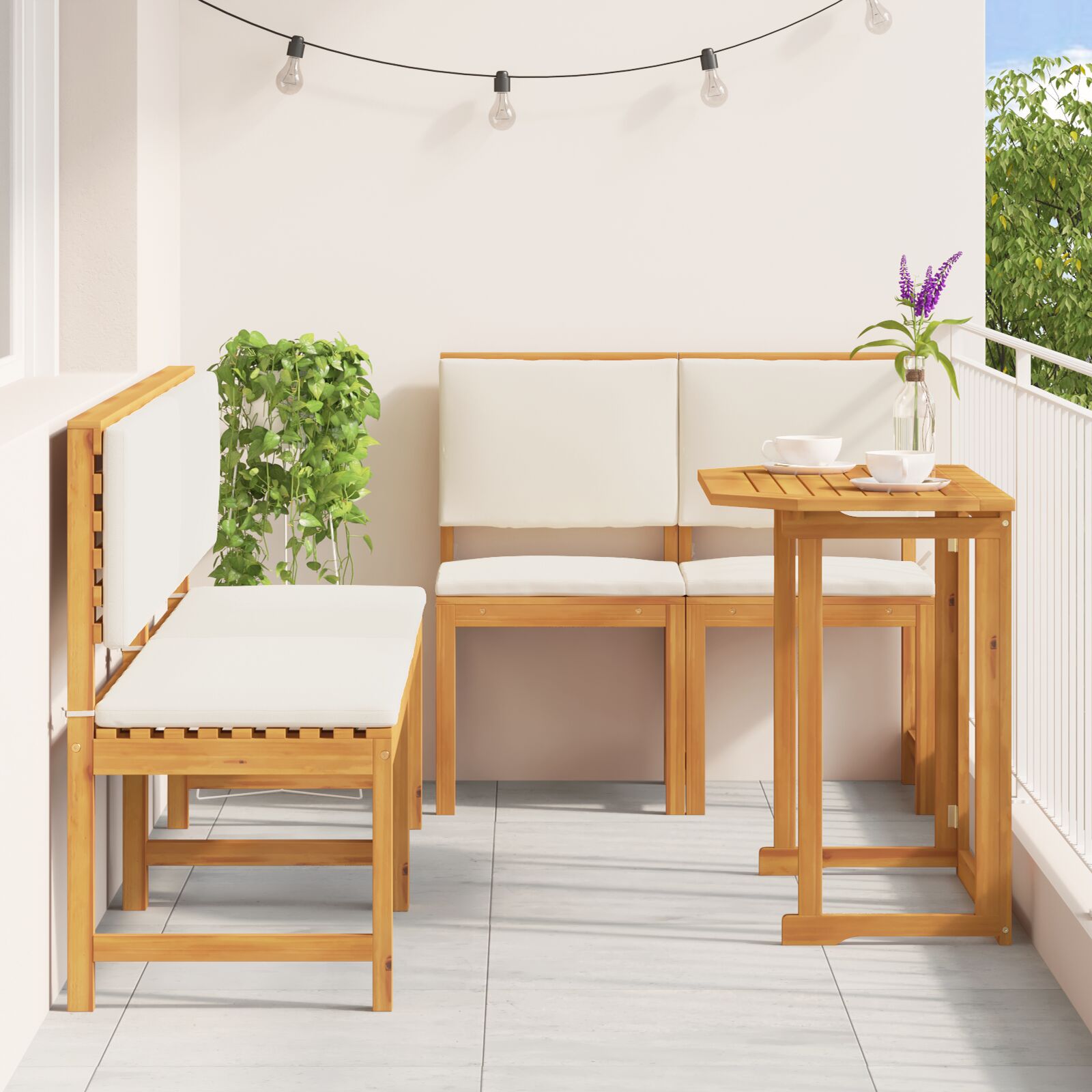 5-teiliges Essplatz-Set für den Garten mit Kissen aus massivem Akazienholz