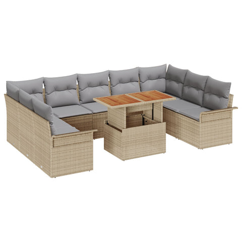 10-teiliges Garten Esszimmer Set mit Kissen Beige Poly Rattan Akazie