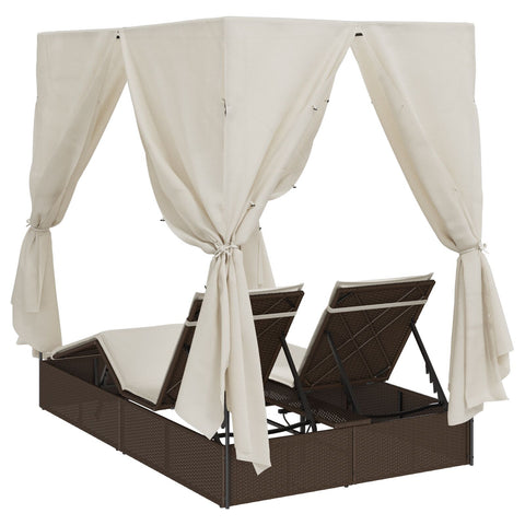 Doppelliege mit Dach und Vorhängen Braun Poly Rattan