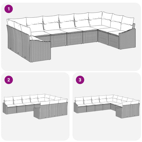 10-teiliges Garten Sofa Set mit Kissen Beige Poly Rattan