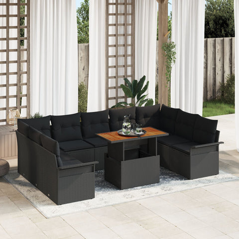 10-teilige Garten Essgruppe mit Kissen Schwarz Poly Rattan Akazie